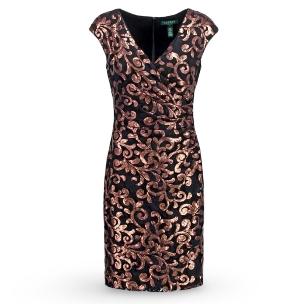 Ralph Lauren Black & Gold Swirl sequence Mini Dress sz 8 party festive cocktail
